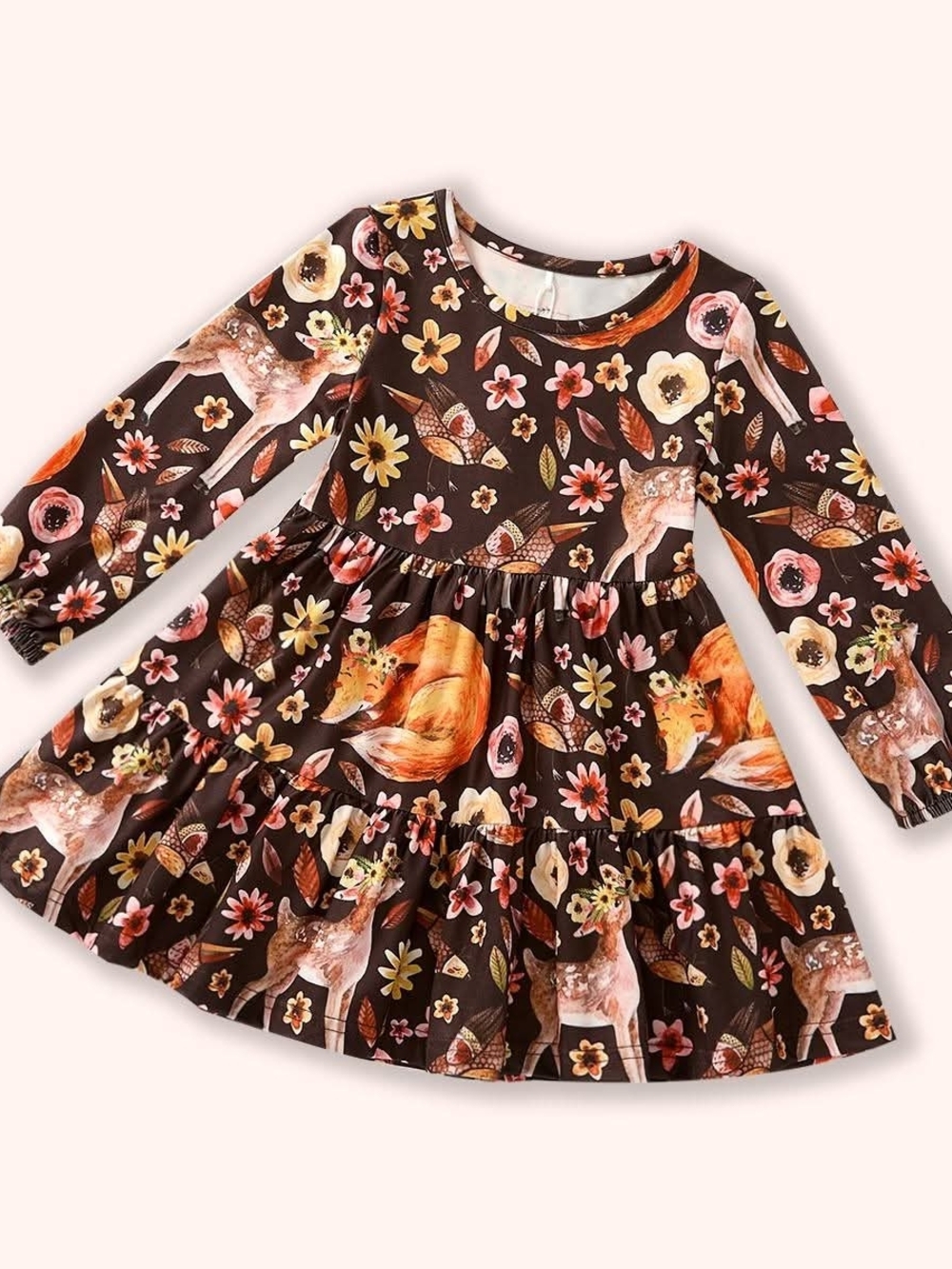 Girls Long Sleeve Fox & Floral Tiered Dress - Brown